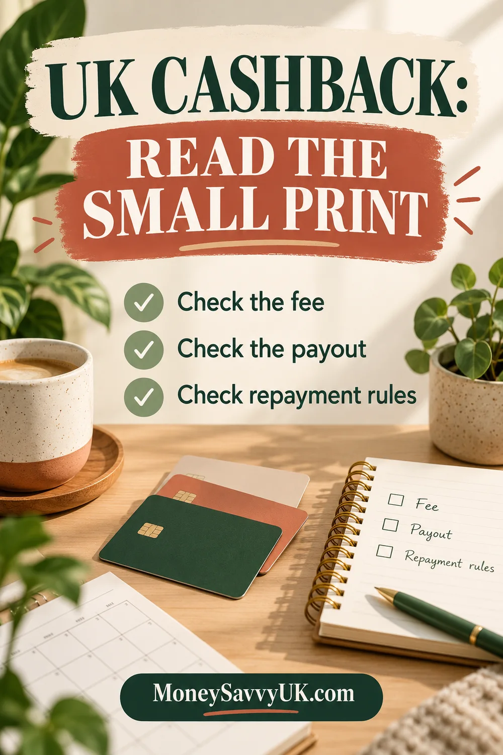 UK cashback checklist with generic cards and a notebook: check fees, payouts and repayments.