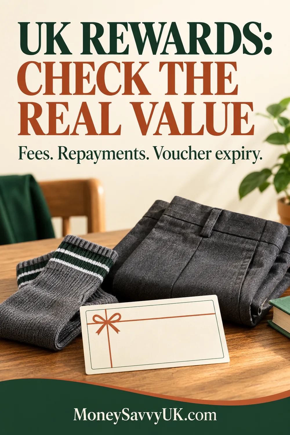 UK rewards pin showing folded school uniform, socks and a voucher.