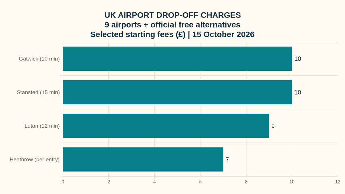 Airport drop-off charges UK: selected starting fees at Gatwick, Stansted, Luton and Heathrow