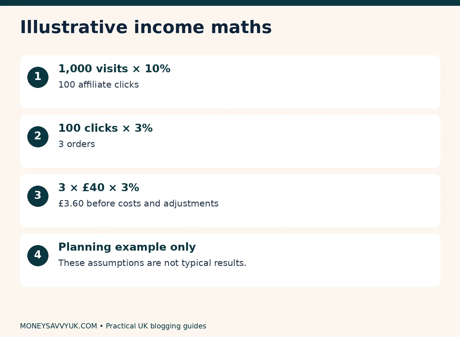 Illustrative affiliate calculation: 1,000 visits produce £3.60 before costs