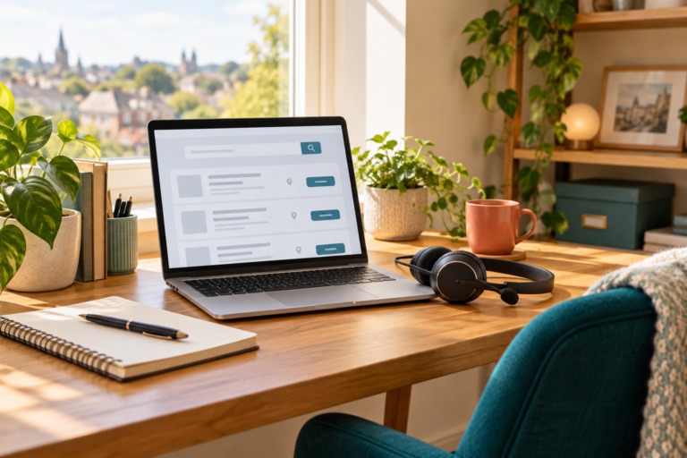Home desk with a laptop, headset and job-search notebook