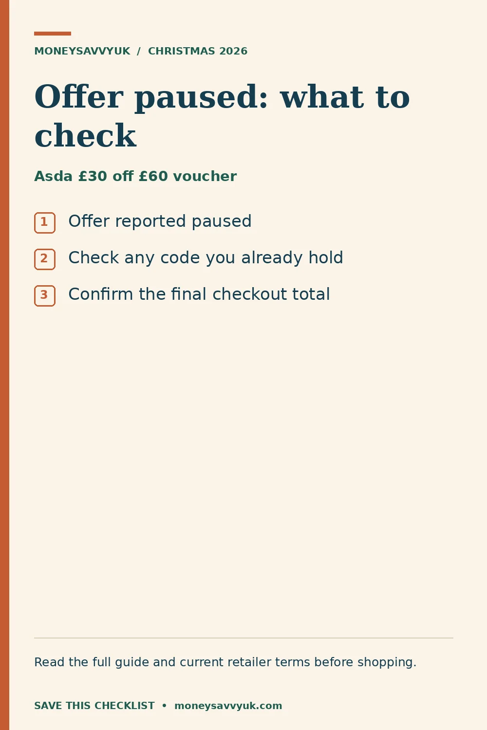 Asda £30 off £60 voucher: Offer reported paused; Check any code you already hold; Confirm the final checkout total