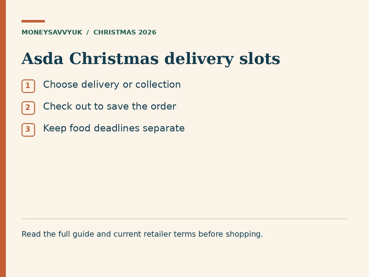 Asda Christmas delivery slots: Choose delivery or collection; Check out to save the order; Keep food deadlines separate