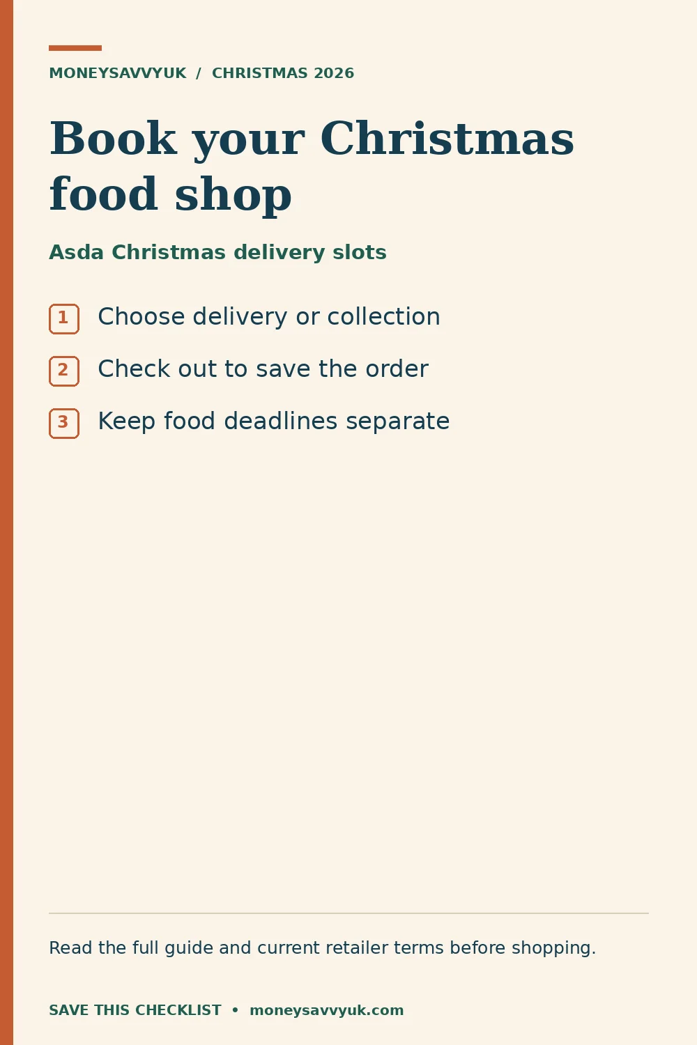 Asda Christmas delivery slots: Choose delivery or collection; Check out to save the order; Keep food deadlines separate