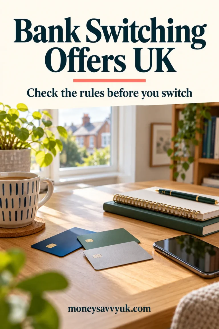 Bank switching offers UK guide: generic bank card, phone and notebook on a home desk.