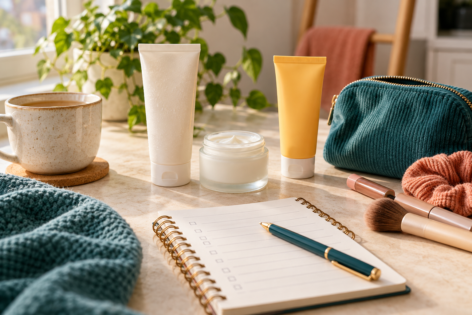 Unbranded skincare products, makeup brushes and a shopping notebook