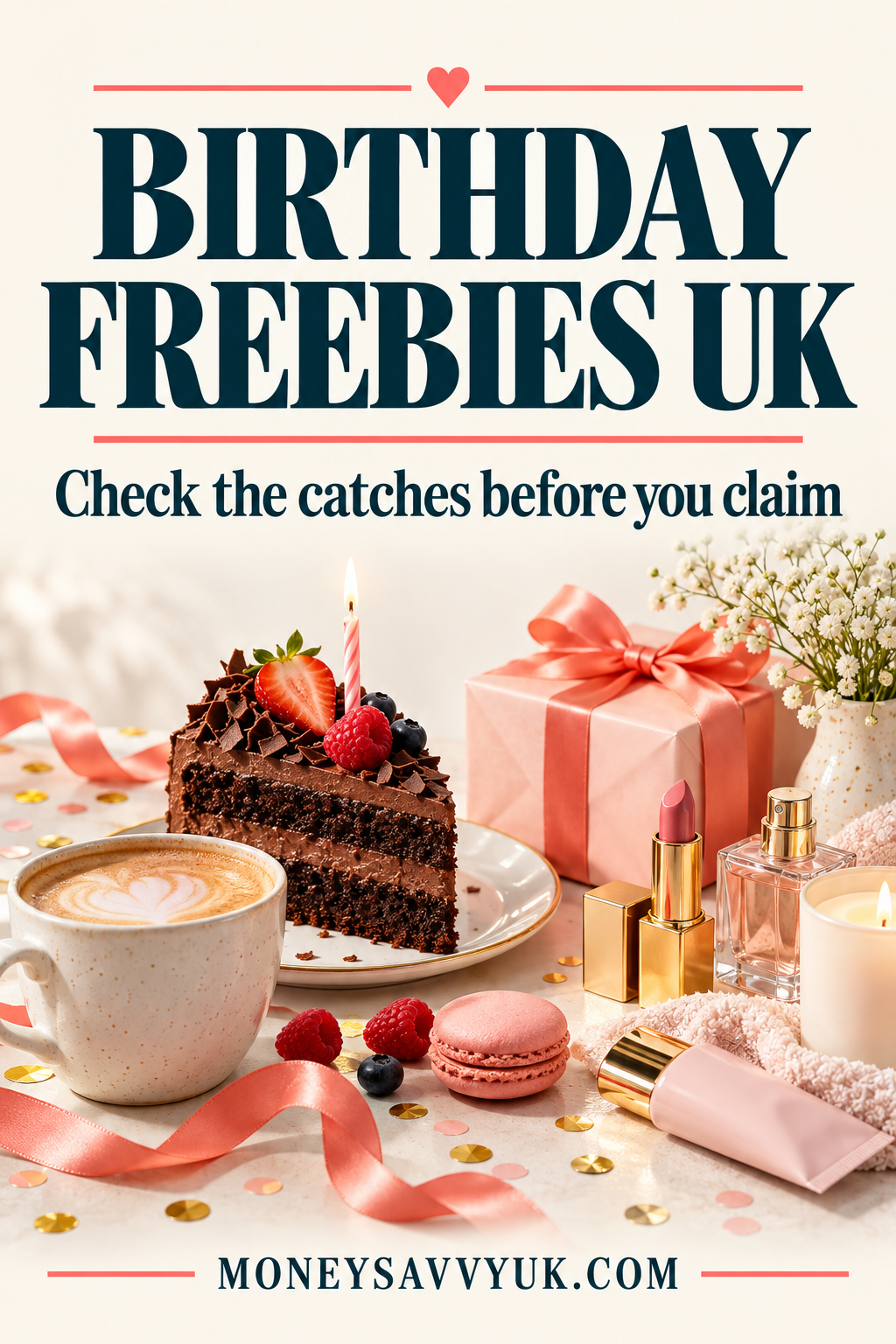 Birthday freebies UK guide with a gift, cake, coffee and cosmetics