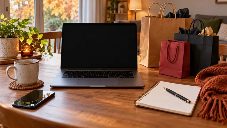 Laptop and shopping bags on a household table