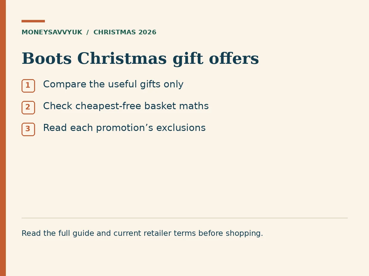 Boots Christmas gift offers: Compare the useful gifts only; Check cheapest-free basket maths; Read each promotion’s exclusions