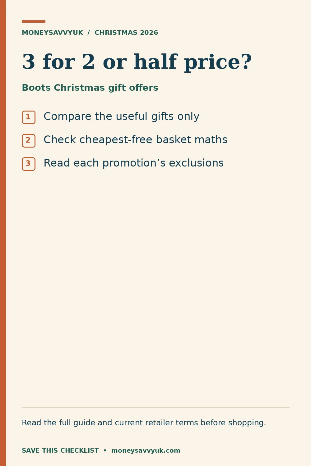 Boots Christmas gift offers: Compare the useful gifts only; Check cheapest-free basket maths; Read each promotion’s exclusions