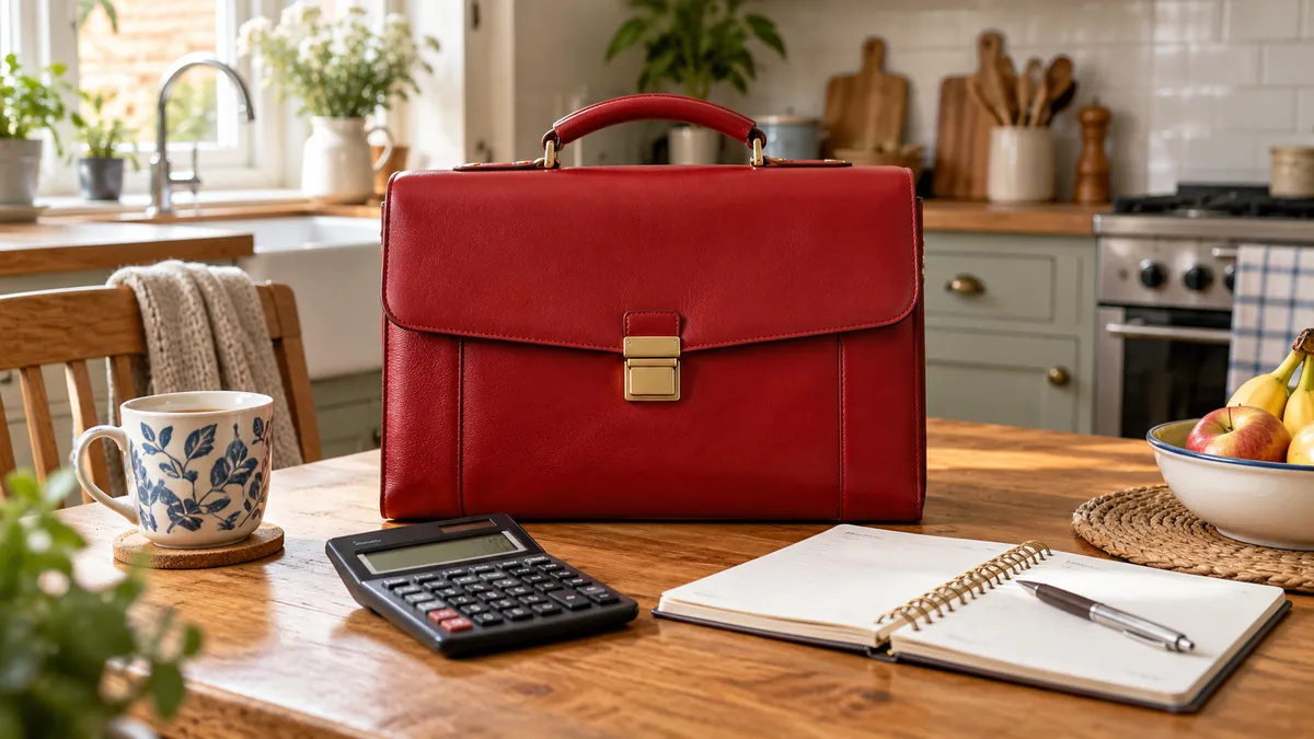Red briefcase, calculator and household notebook