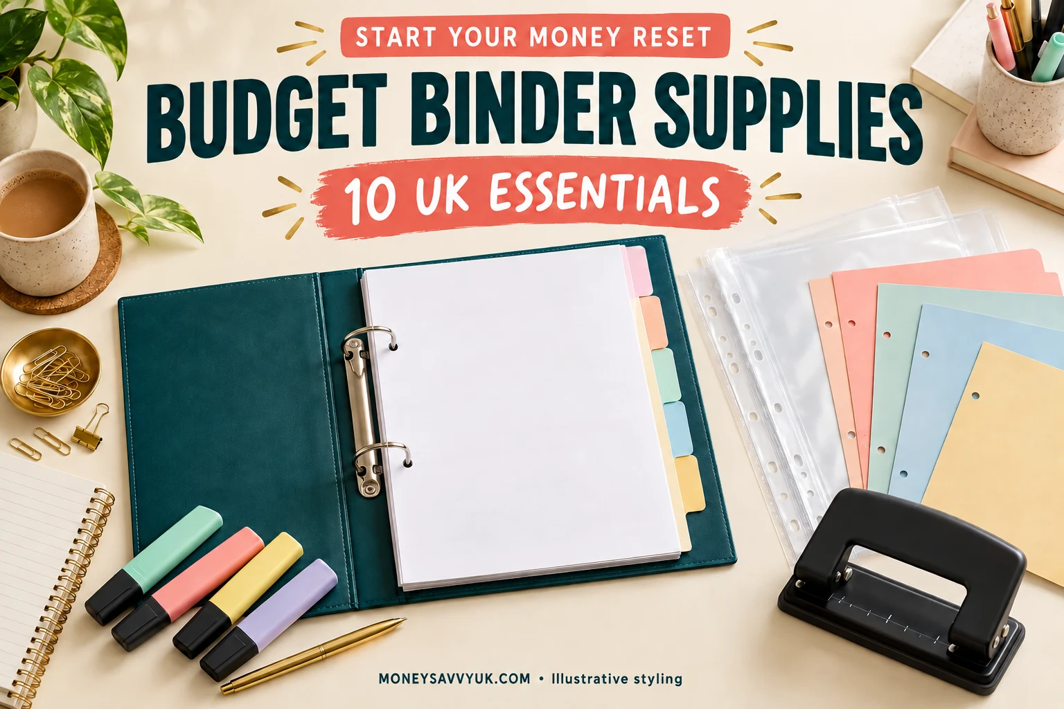 A4 budget binder, dividers, highlighters and hole punch on a cream desk; AI-generated illustrative styling