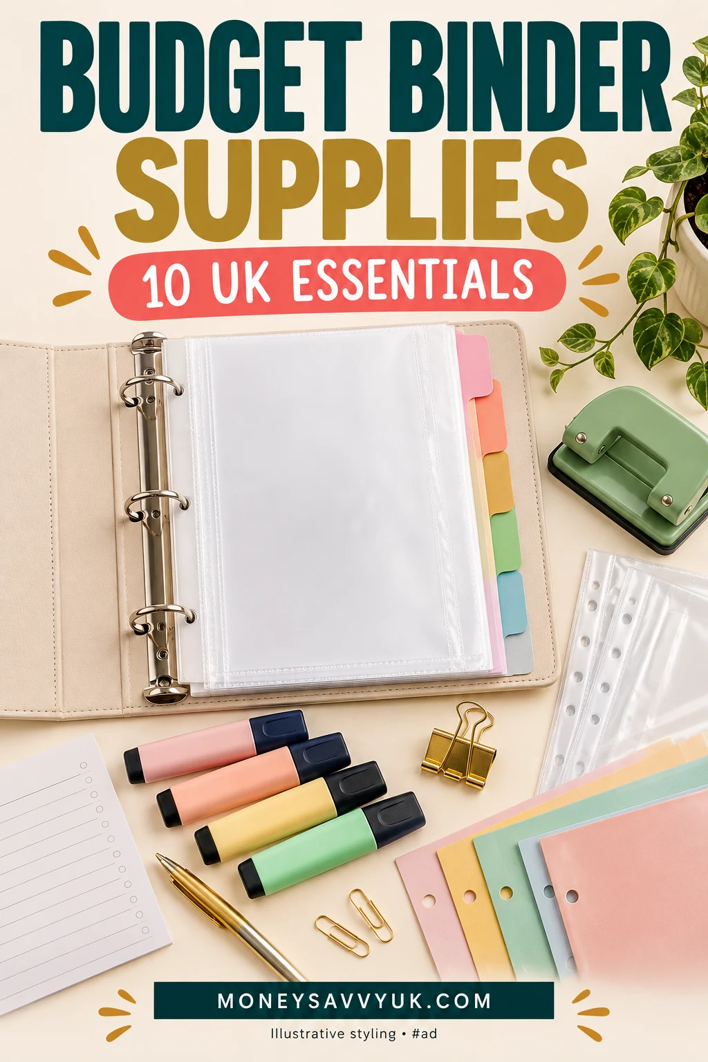 A4 budget binder, dividers, highlighters and hole punch on a cream desk — Pinterest pin; AI-generated illustrative styling