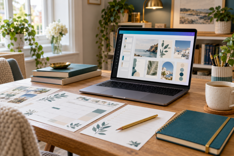 Laptop and original planner designs on a tidy home desk