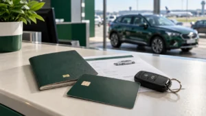 Physical bank card, passport and car keys beside a hire-car booking confirmation.