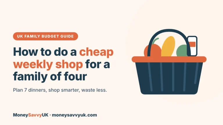 Cheap weekly shop for a family of four: shopping basket illustration with the guide title