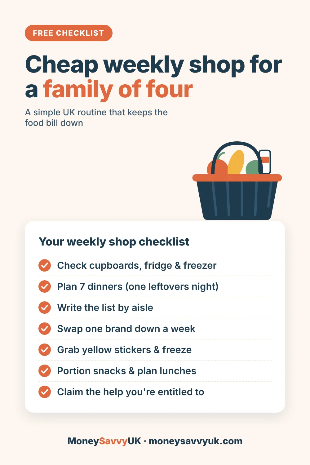 Pinterest checklist: cheap weekly shop for a family of four in the UK