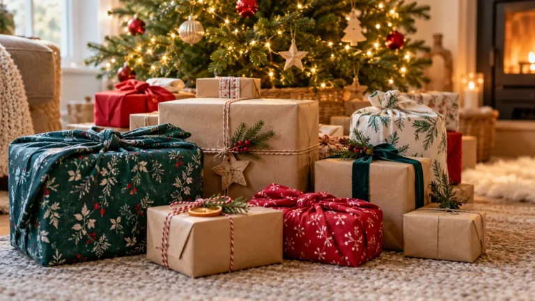 Christmas gifts wrapped in paper and reusable fabric