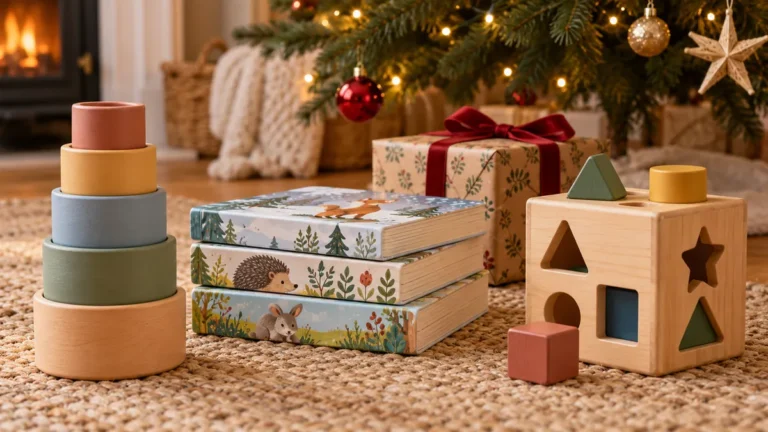 Stacking cups, board books and a wooden shape sorter