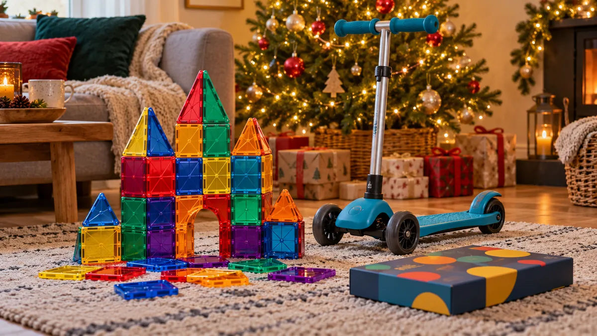 Construction tiles, scooter and a game box