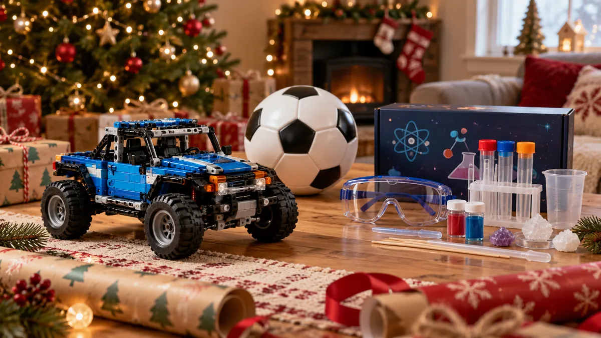 Brick vehicle, football and beginner science equipment