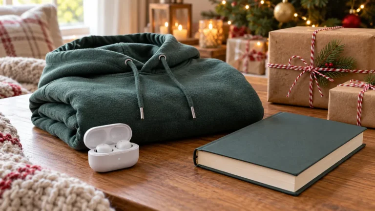 Earbuds, hoodie and a book with Christmas wrapping