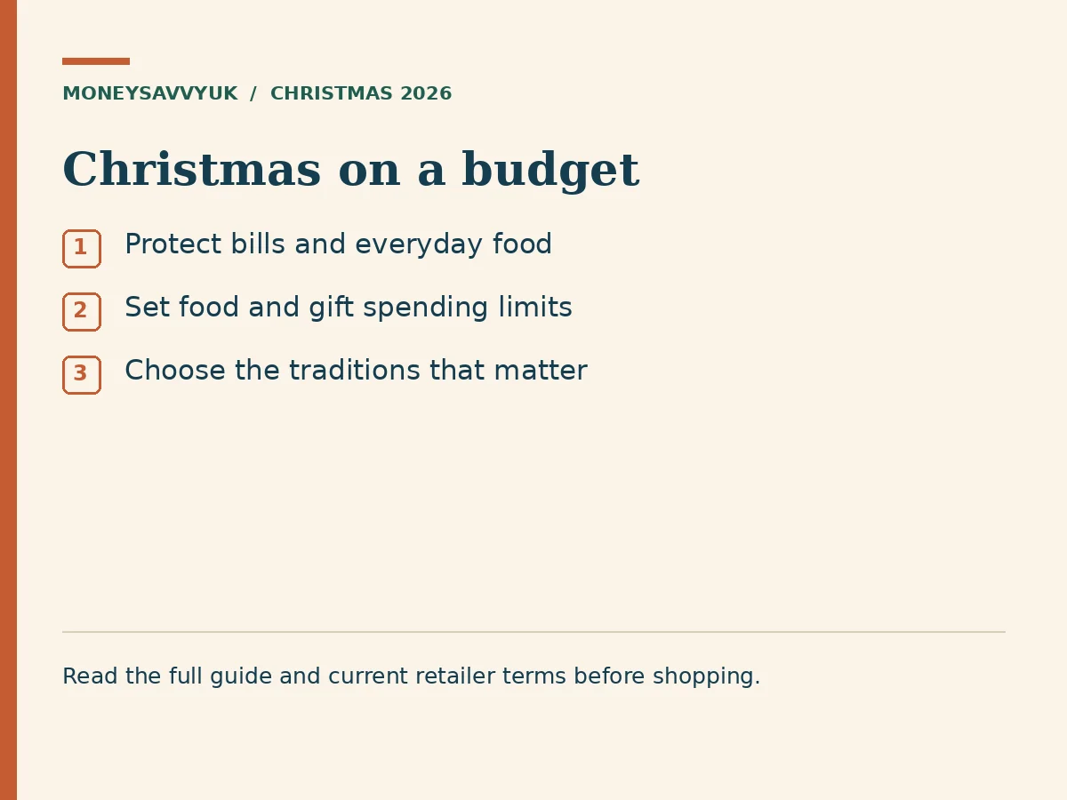 Christmas on a budget: Protect bills and everyday food; Set food and gift spending limits; Choose the traditions that matter