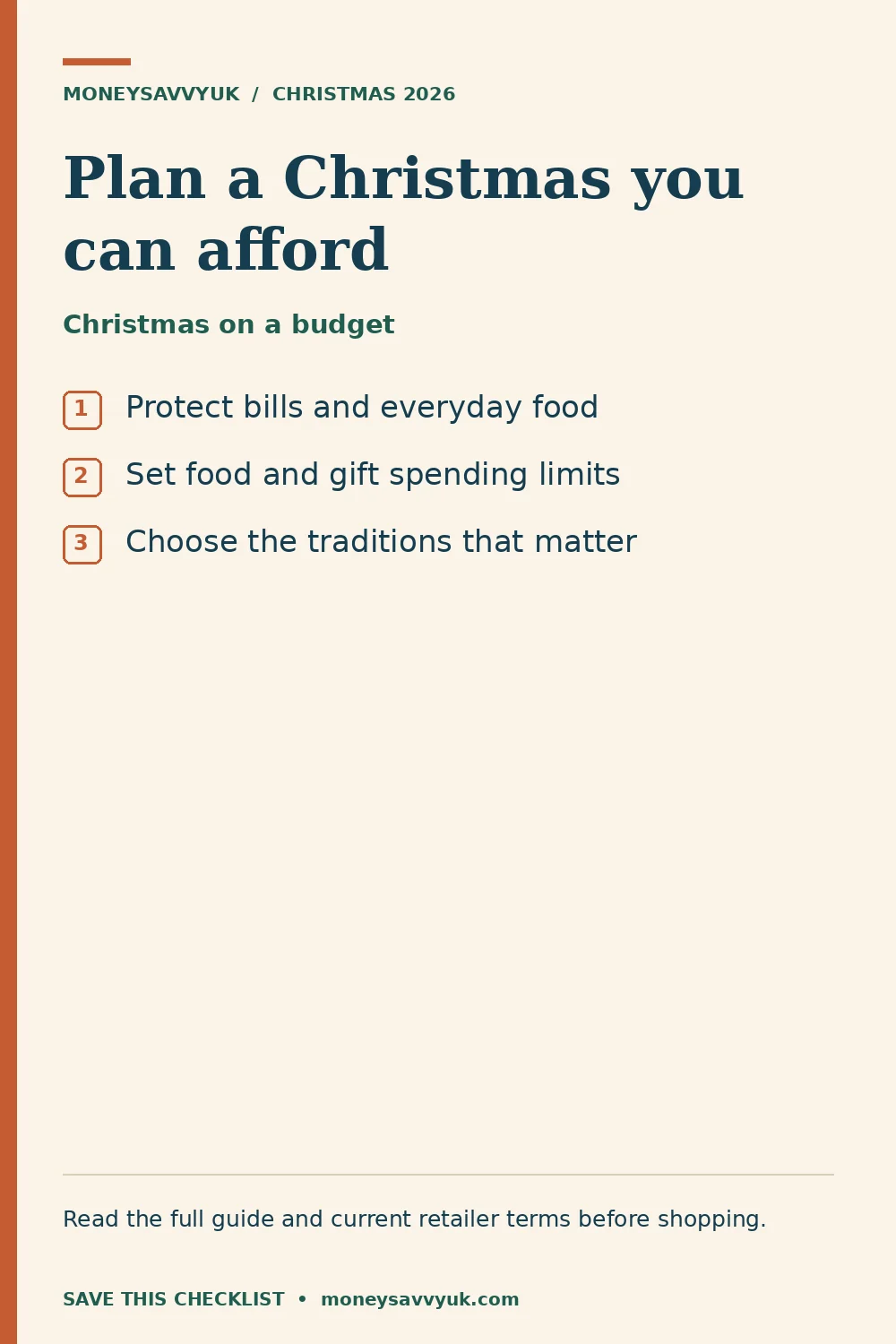 Christmas on a budget: Protect bills and everyday food; Set food and gift spending limits; Choose the traditions that matter