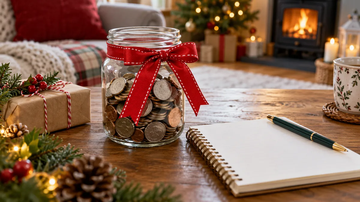Coin jar tied with a Christmas ribbon