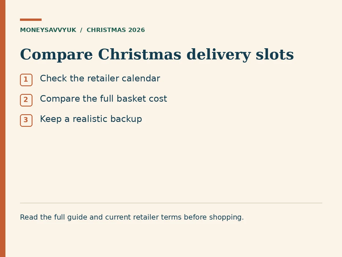 Compare Christmas delivery slots: Check the retailer calendar; Compare the full basket cost; Keep a realistic backup