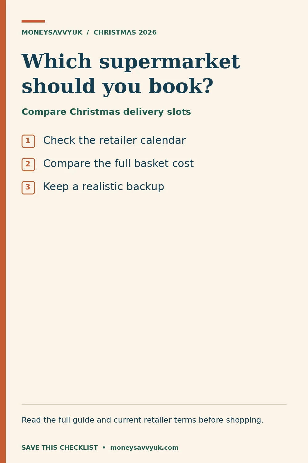 Compare Christmas delivery slots: Check the retailer calendar; Compare the full basket cost; Keep a realistic backup
