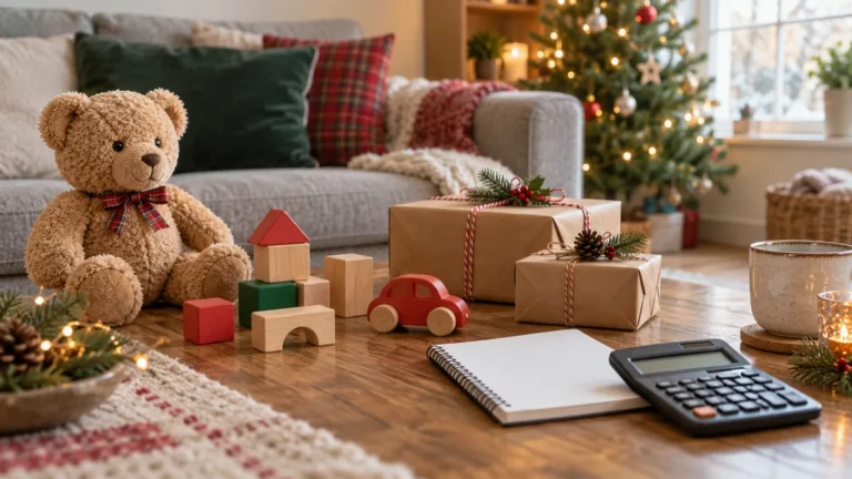 Toys, Christmas gifts, notebook and calculator for planning UK toy-sale spending