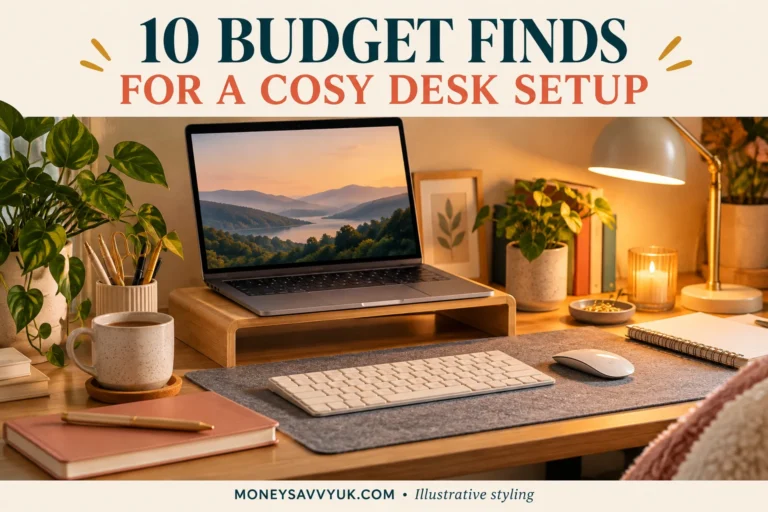 Cosy desk setup with a laptop stand, separate keyboard, desk mat and warm lamp; AI-generated illustrative styling
