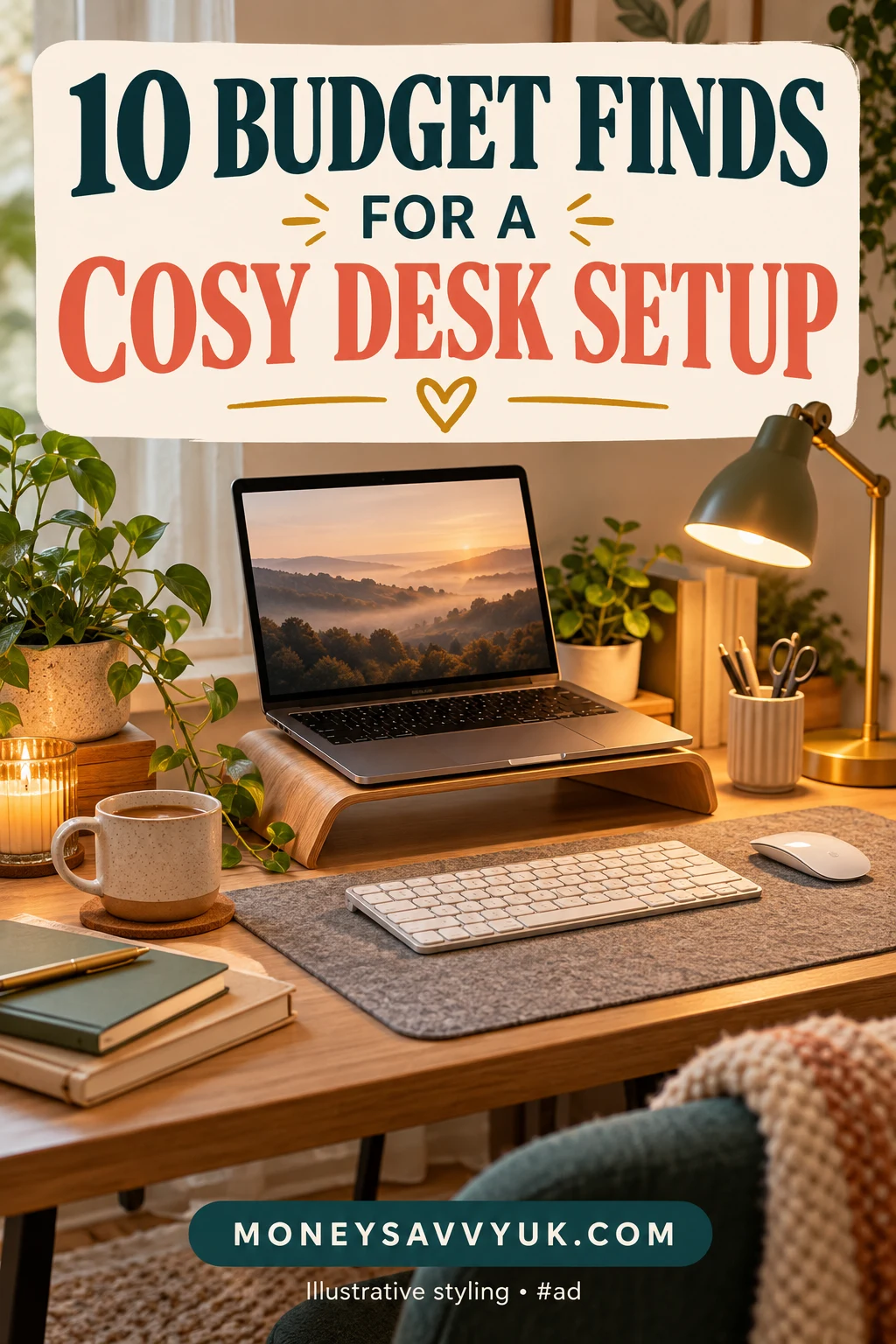 Cosy desk setup with a laptop stand, separate keyboard, desk mat and warm lamp — Pinterest pin; AI-generated illustrative styling