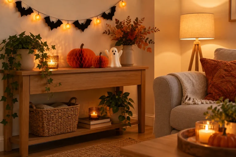 Cosy Halloween decorations and warm lights in a small living room; AI-generated illustrative styling