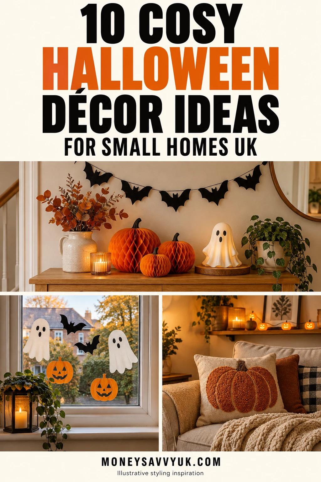 Cosy Halloween decorations and warm lights in a small living room — Pinterest pin; AI-generated illustrative styling