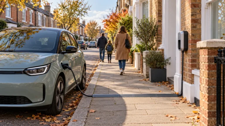 Illustrative electric car and home charger beside an English terraced street; approved installation details vary