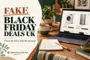 How to spot fake Black Friday deals UK: illustrative appliance shopping scene with laptop and notebook
