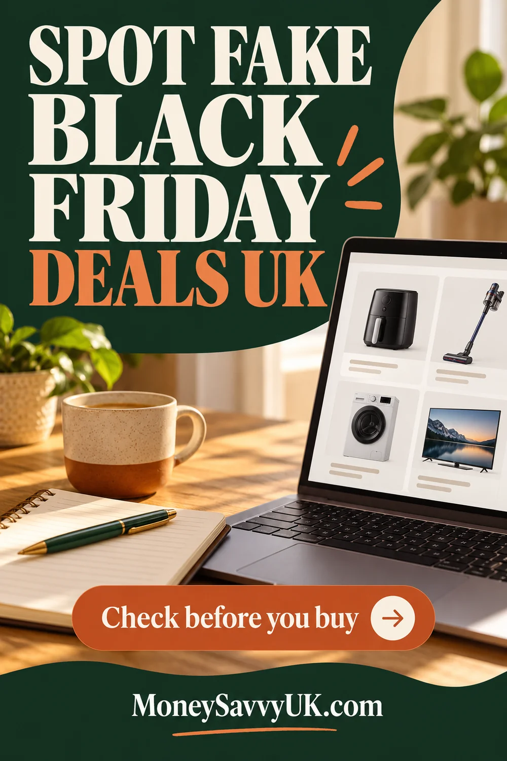 Spot fake Black Friday deals UK: Pinterest image with laptop, notebook and check-before-you-buy reminder