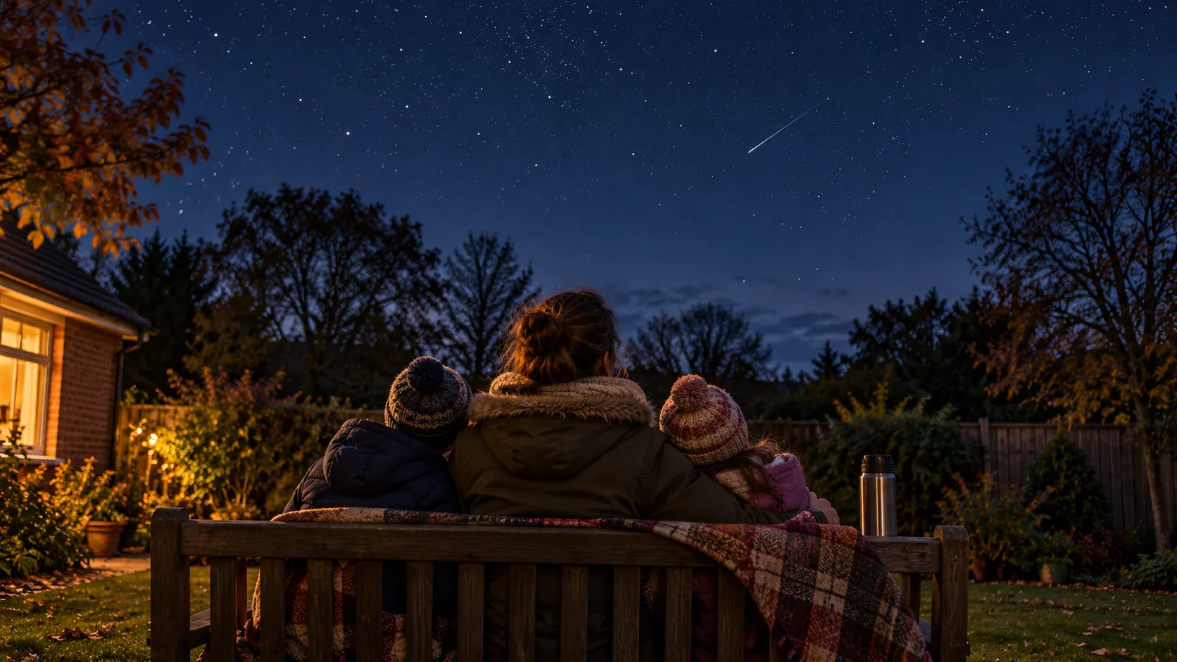 Parent and children in warm coats watch an autumn night sky from a garden bench.
