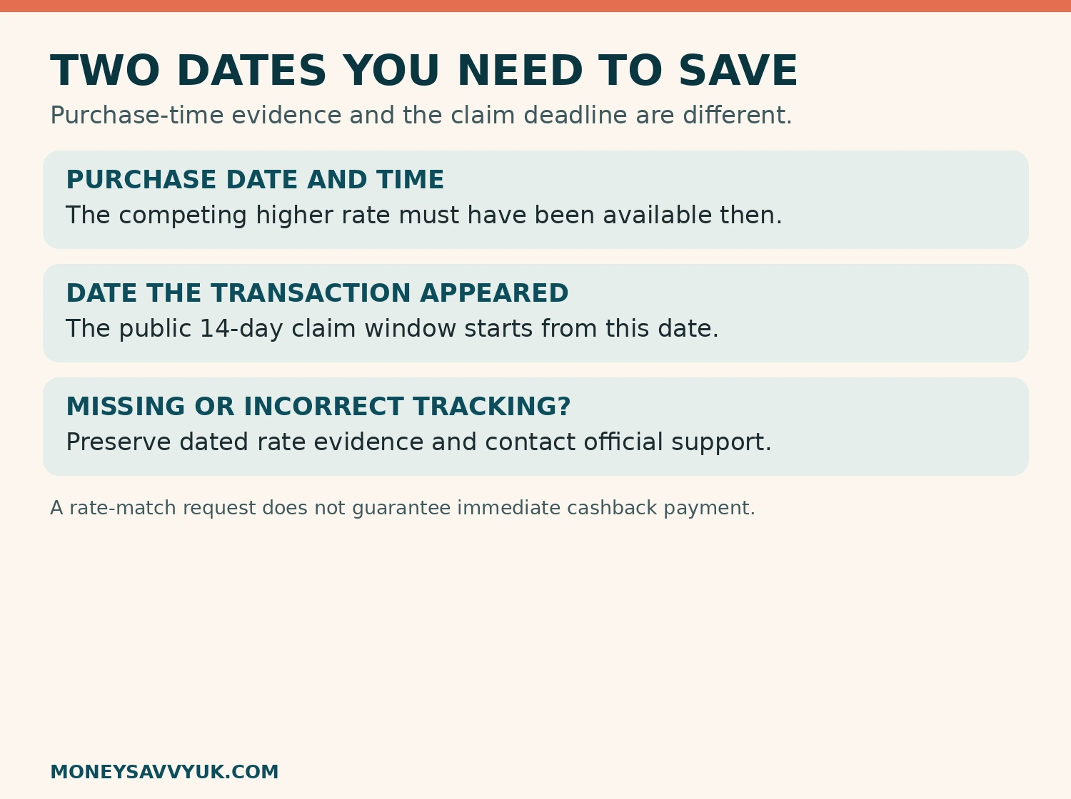 Purchase-time evidence and the 14-day account-appearance claim window