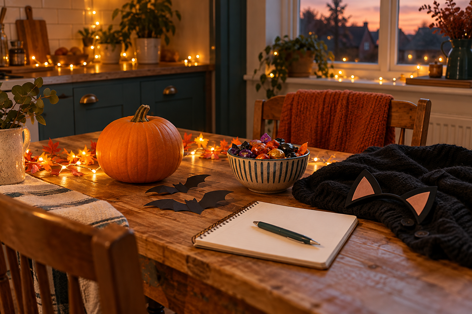 Pumpkin, handmade paper bats, costume ears and a sweets bowl on a kitchen table