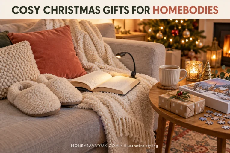 Cosy Christmas gift ideas with a fleece throw, slippers and clip-on book light; AI-generated illustrative styling