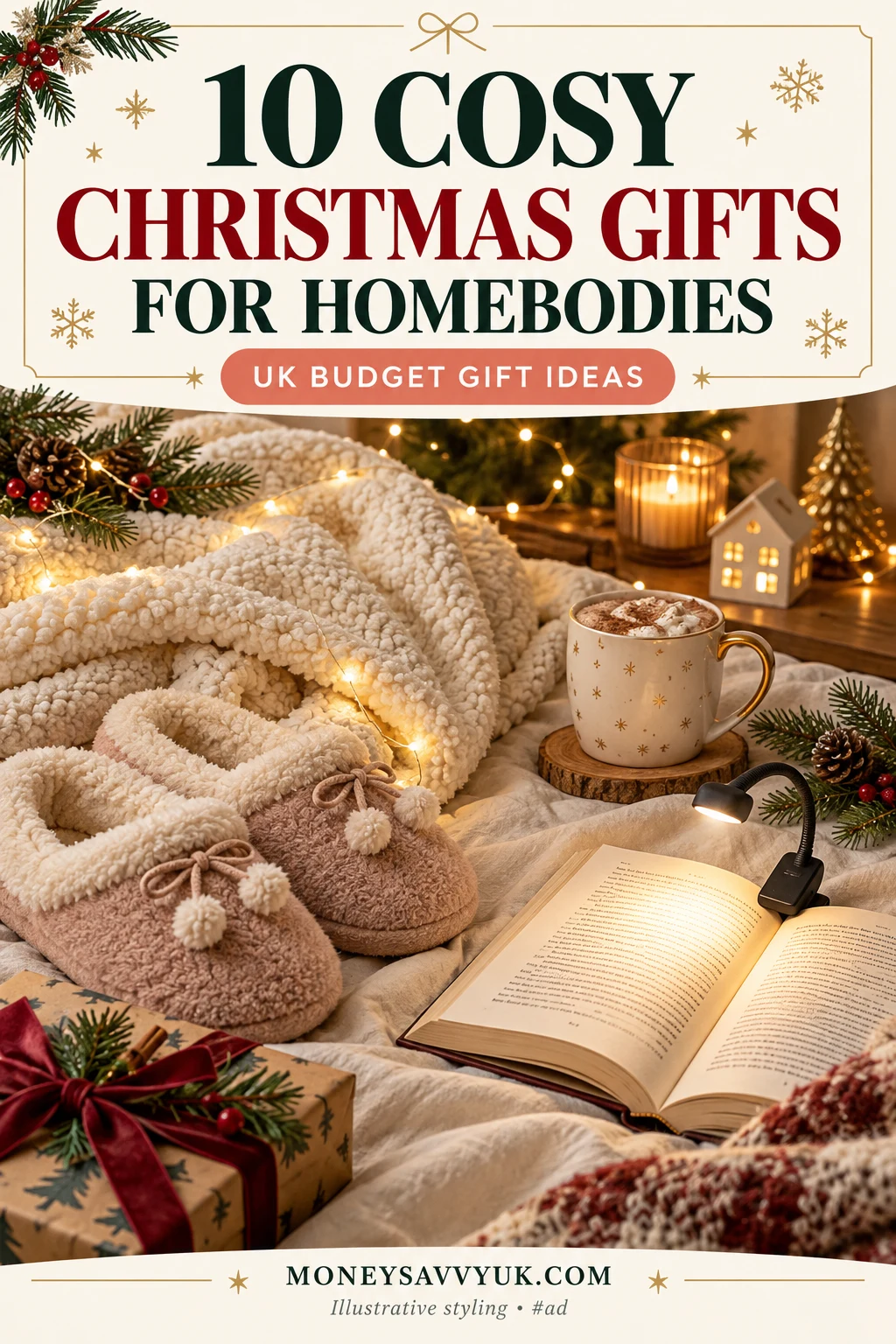 Cosy Christmas gift ideas with a fleece throw, slippers and clip-on book light — Pinterest pin; AI-generated illustrative styling