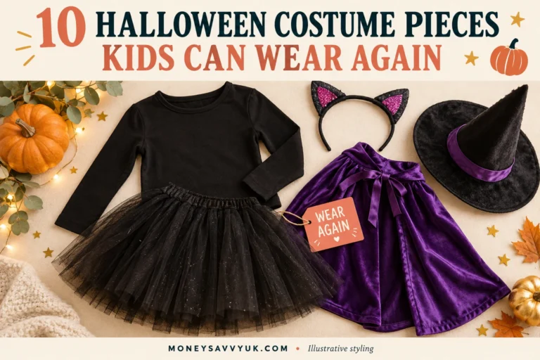 Reusable children's Halloween costume pieces including a black top, tutu, cape and cat ears; AI-generated illustrative styling