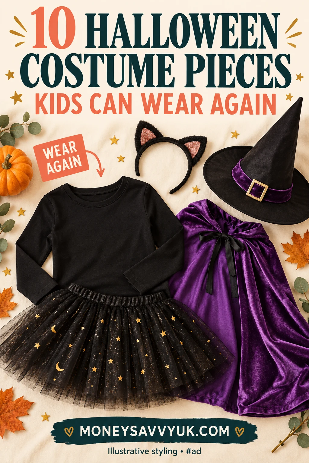 Reusable children's Halloween costume pieces including a black top, tutu, cape and cat ears — Pinterest pin; AI-generated illustrative styling