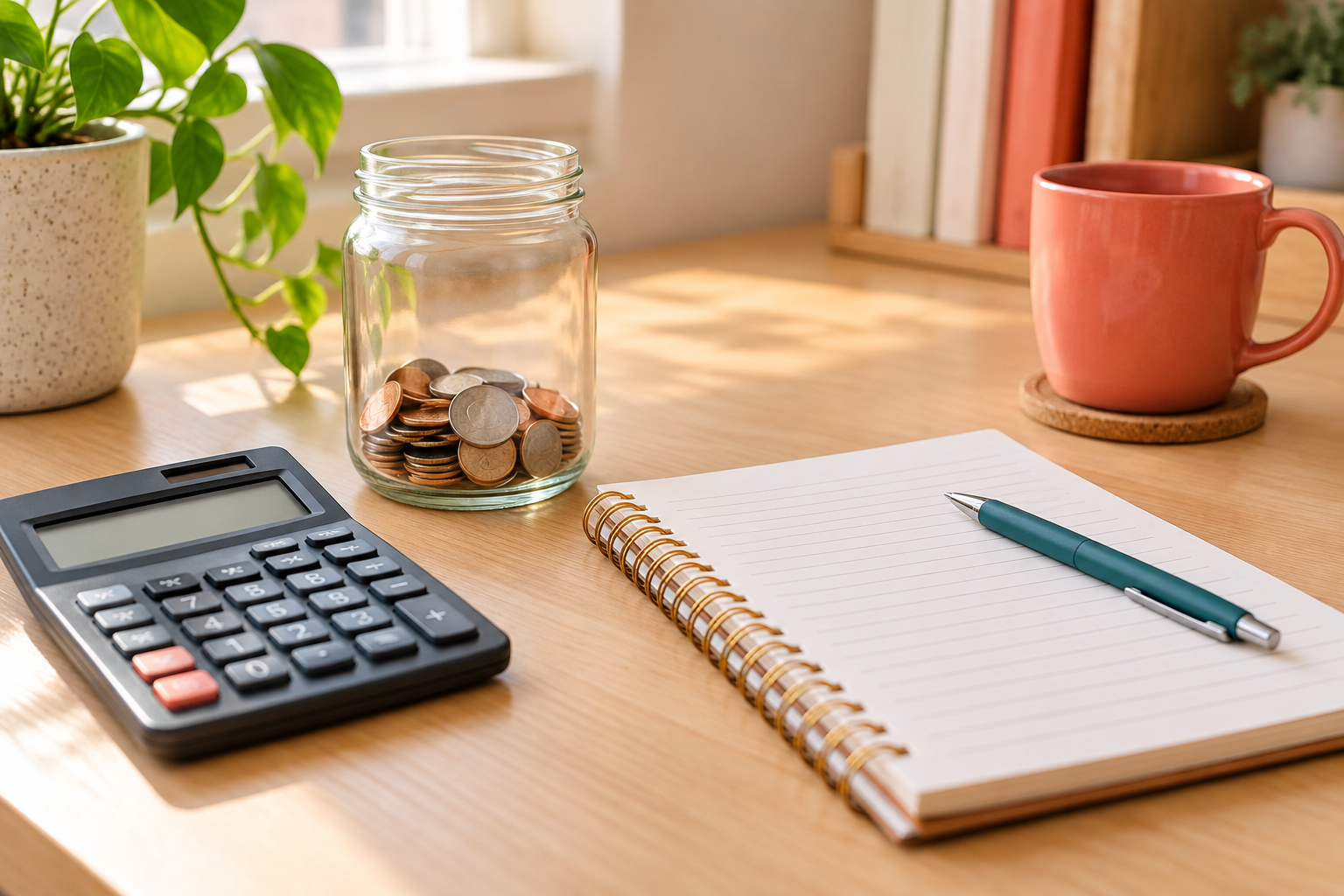 Savings jar, calculator and a notebook on a home desk
