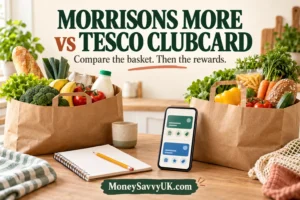 Two grocery bags and a phone illustrating Morrisons More versus Tesco Clubcard.