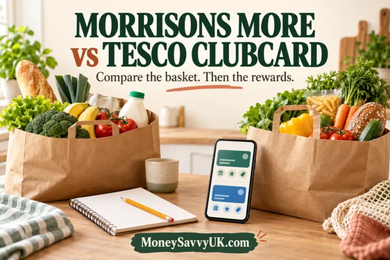 Two grocery bags and a phone illustrating Morrisons More versus Tesco Clubcard.