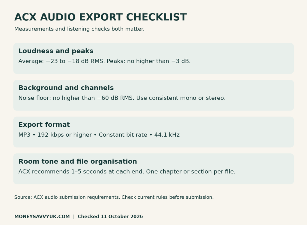ACX audio checklist covering loudness, peaks, noise floor, export format and room tone